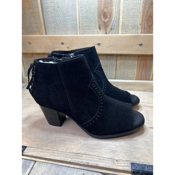 US9.5 NEW Minnetonka Womens Open Toe Bootie Boots Western Suede Black - Picture 1 of 8